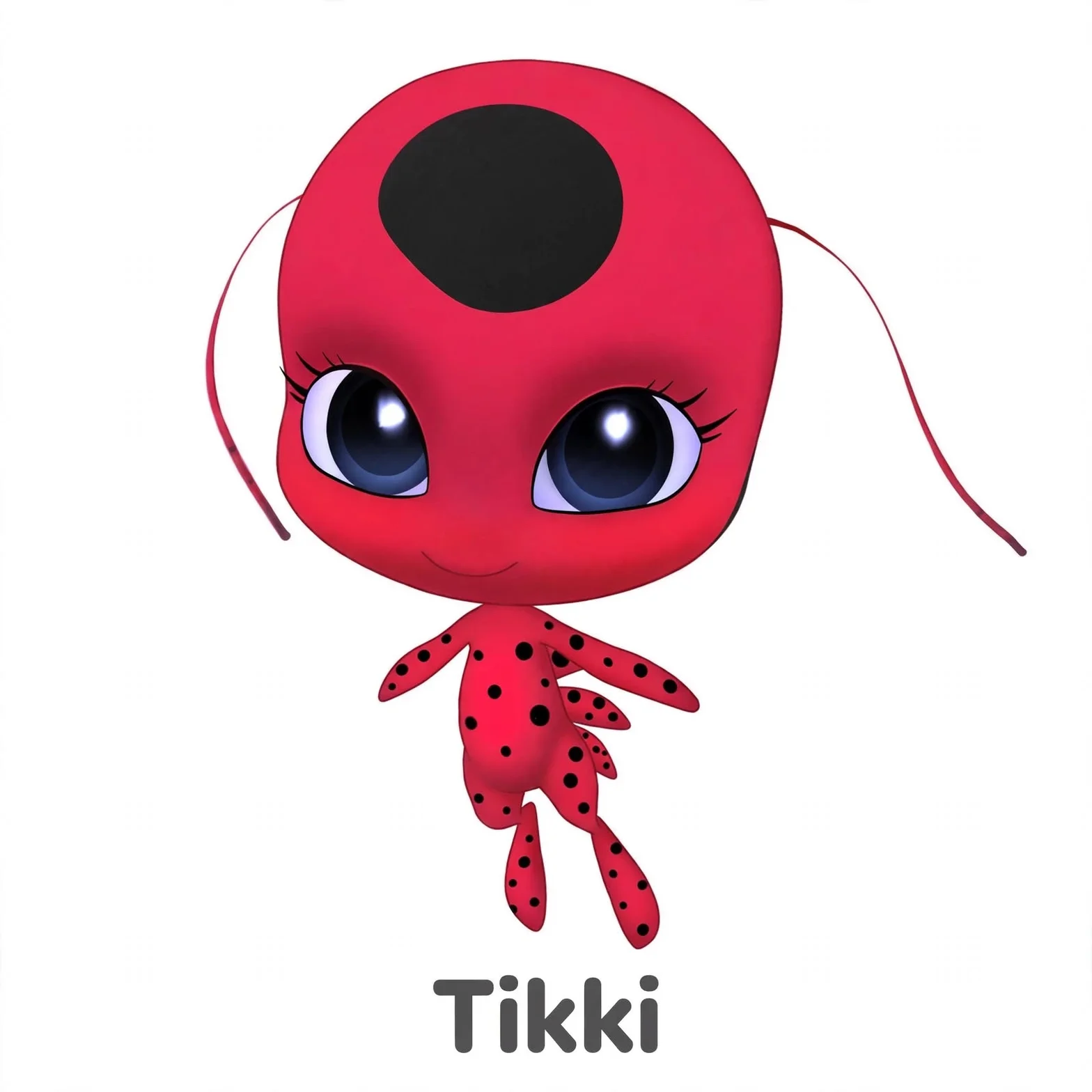 Tikki, en tecknad röd kwami med stora glittrande ögon, svarta prickar och långa antenner.