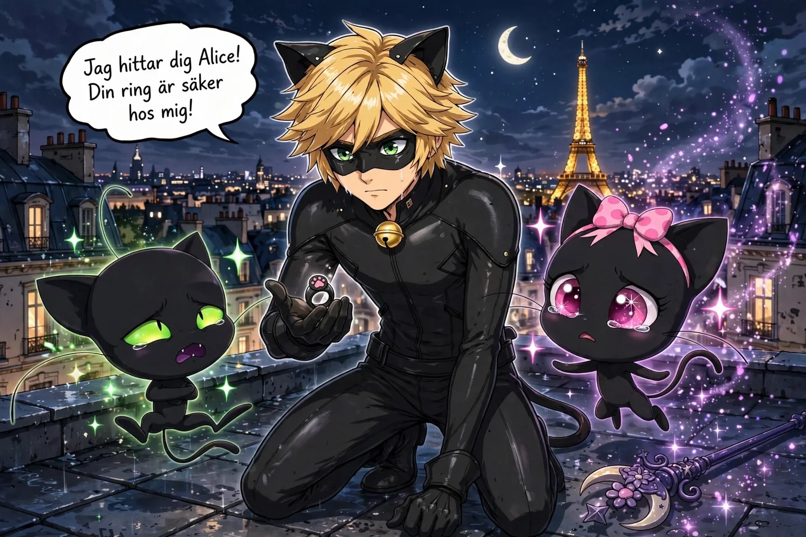 Illustrerad scen i Paris på natten där en blond superhjälte i svart kattdräkt håller fram en ring, omgiven av två sorgsna svarta katter med magiska gnistor och Eiffeltornet.