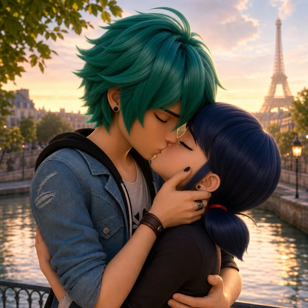 Lukas Couffaine och Marinette Dupain-Cheng kysser varandra framför Eiffeltornet i Paris vid solnedgång.