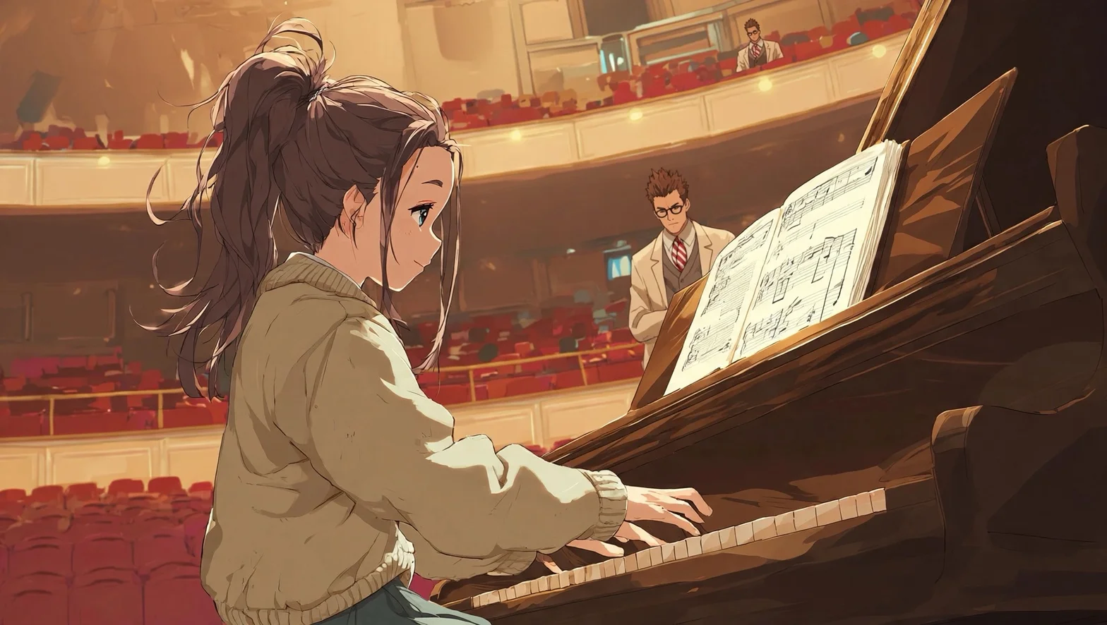 En animerad scen i en konserthall där en kvinna spelar piano på scenen medan män studerar musiknotation i bakgrunden.