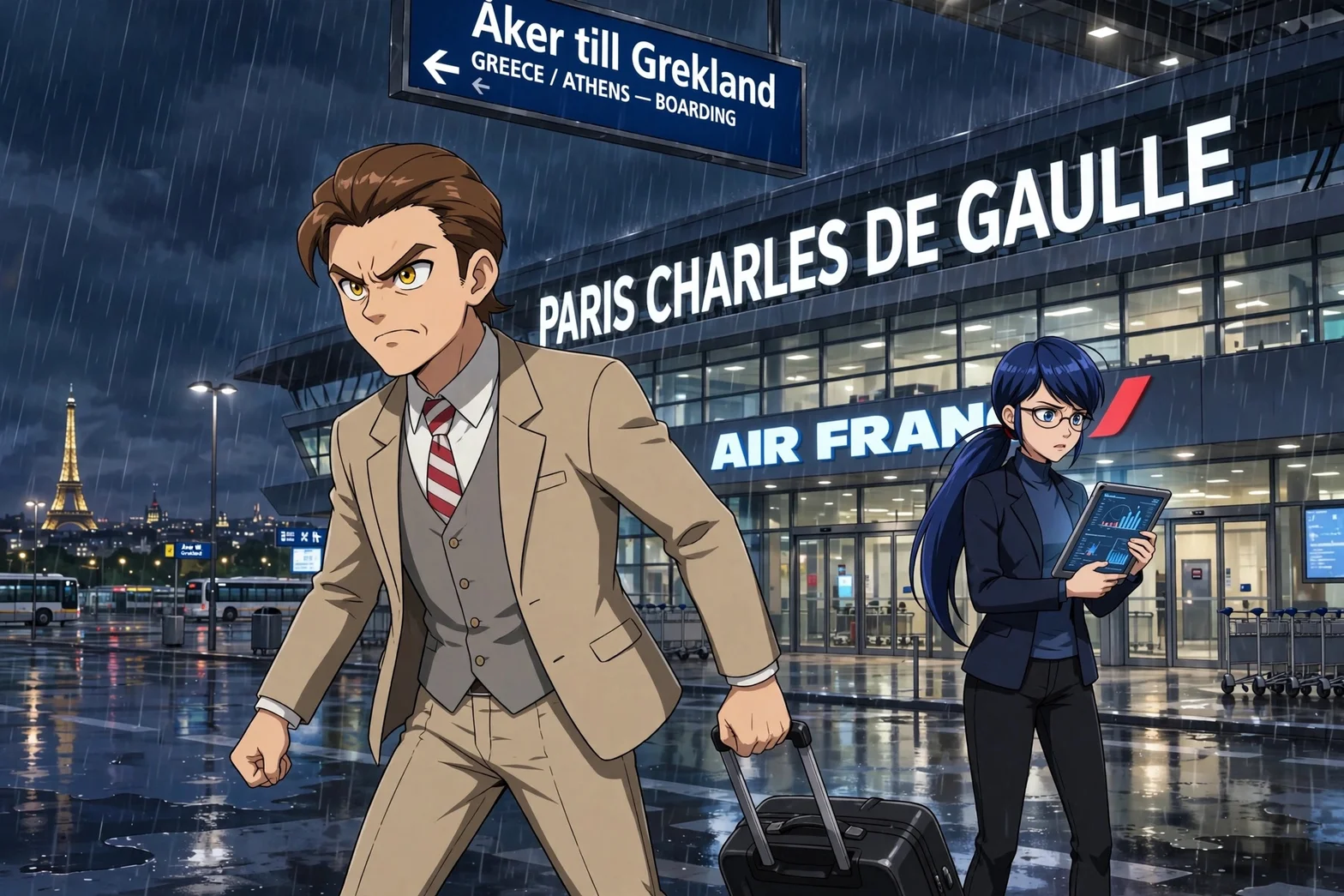 Illustrerad scen på Paris Charles de Gaulle-flygplatsen i regn, där en arg och beslutsam Gabriel Agreste drar sin rullväska mot boarding till Aten i Grekland medan Nathalie följer efter med surfplattan.