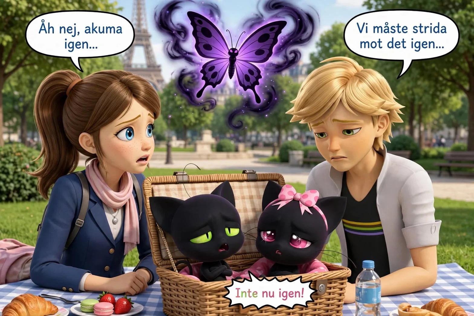En illustrerad seriebild i en park i Paris där en kvinna och en man sitter vid en picknickkorg med två svarta katter och en magisk lila fjäril svävar ovanför.