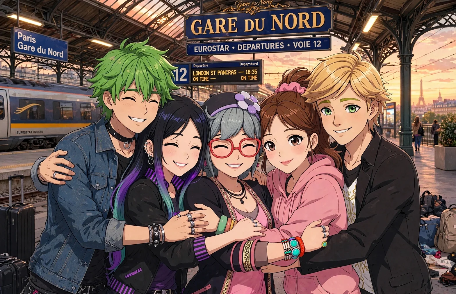 En animerad grupp om fem karaktärer som står tillsammans på Gare du Nord järnvägsstationen i Paris, med ett tåg och stadsutsikt i bakgrunden.