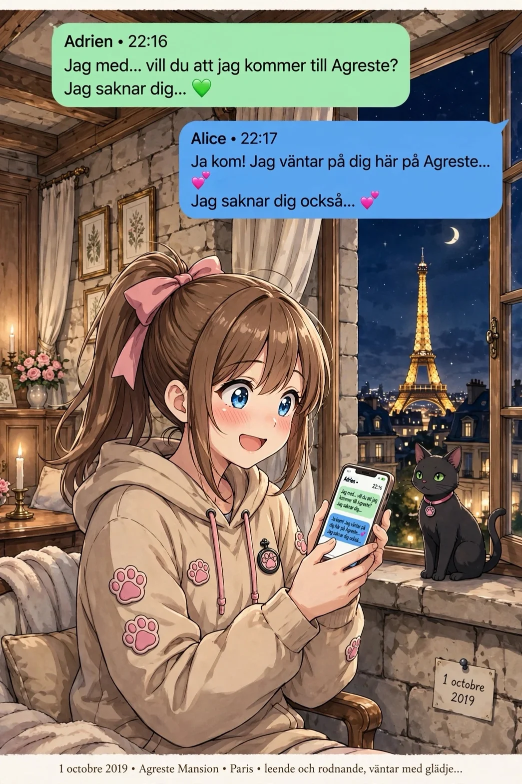 Romantiskt Paris-ögonblick och kärleksfull nattstämning mellan Adrien och Alice.