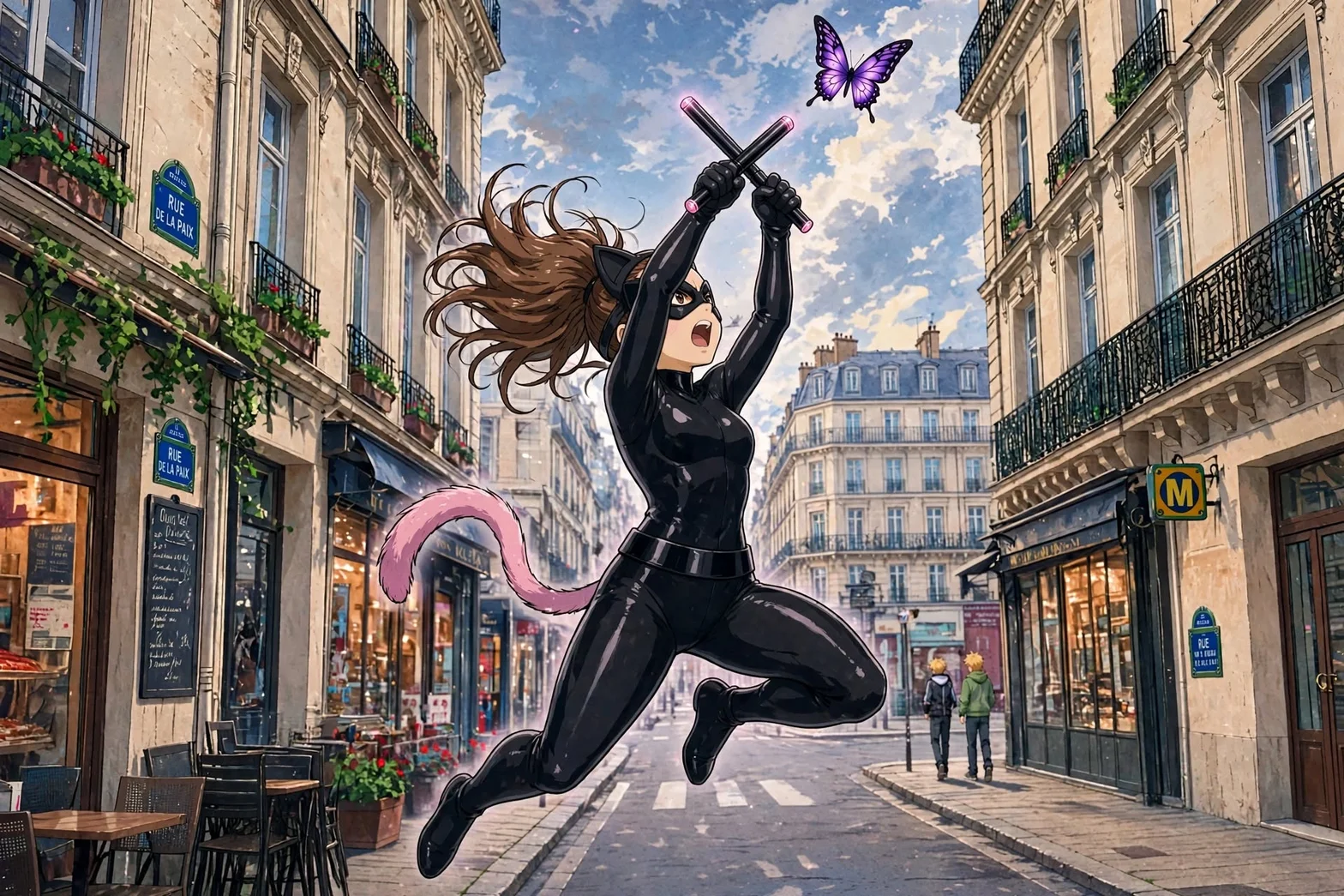 En färgstark illustrerad scen av en maskerad superhjälte i svart dräkt som hoppar genom en parisisk stadsgata med korsade batonger på Rue de la Paix.