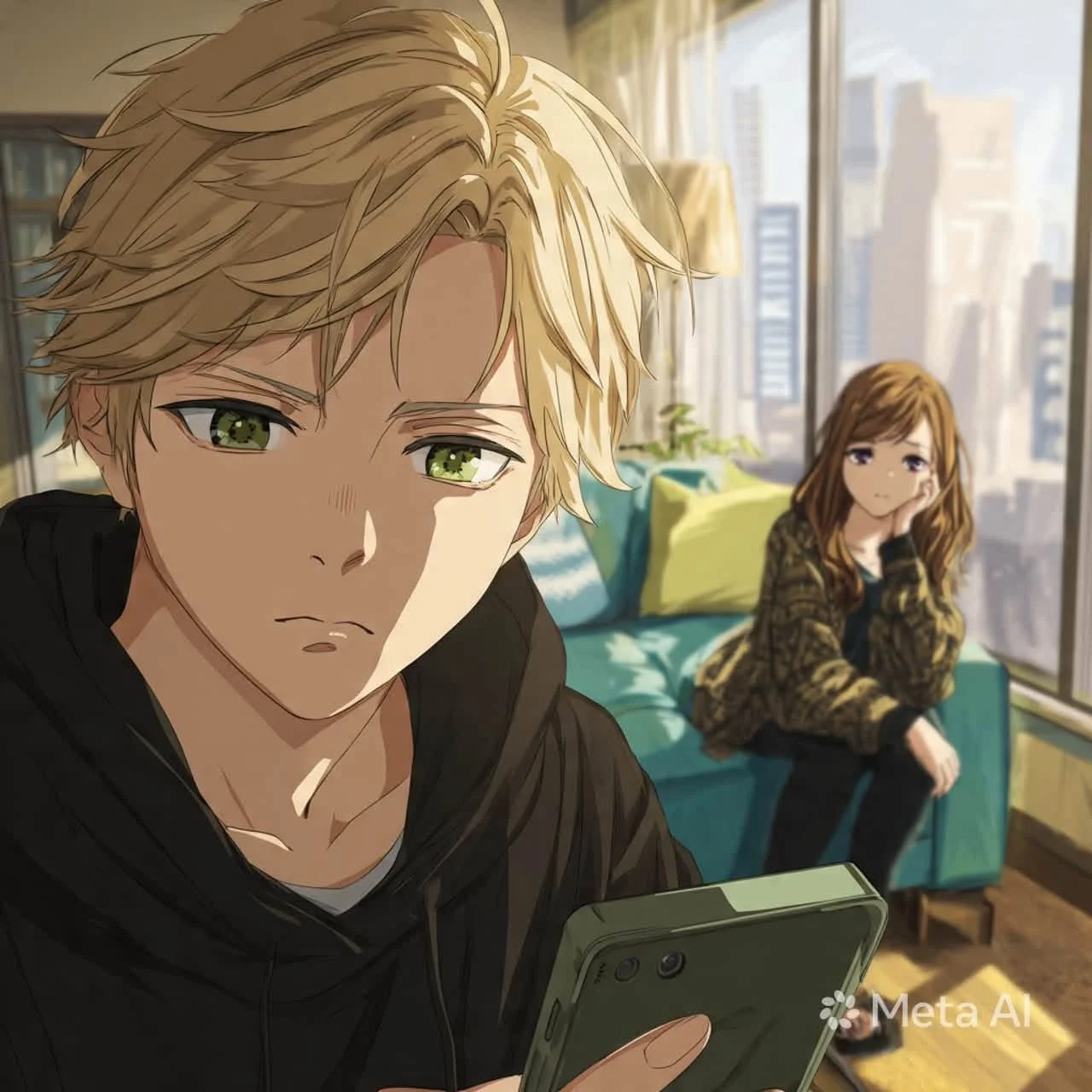 Anime-stil illustration av två karaktärer i en modern lägenhet med stadsutsikt. En man i förgrunden håller en smartphone medan en kvinna sitter på en soffa i bakgrunden.