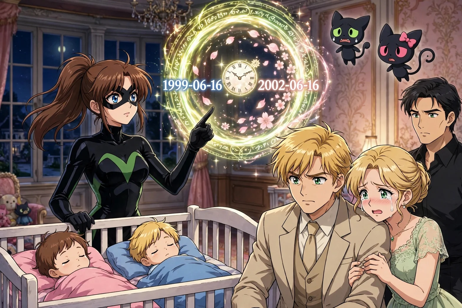 En anime-scen som visar en familj samlad omkring två sovande barn i en vit säng, medan en maskerad kvinnlig figur manipulerar en lysande magisk tidsklocka som visar datum från 1999 till 2002, med två svarta katter och en man i bakgrunden.
