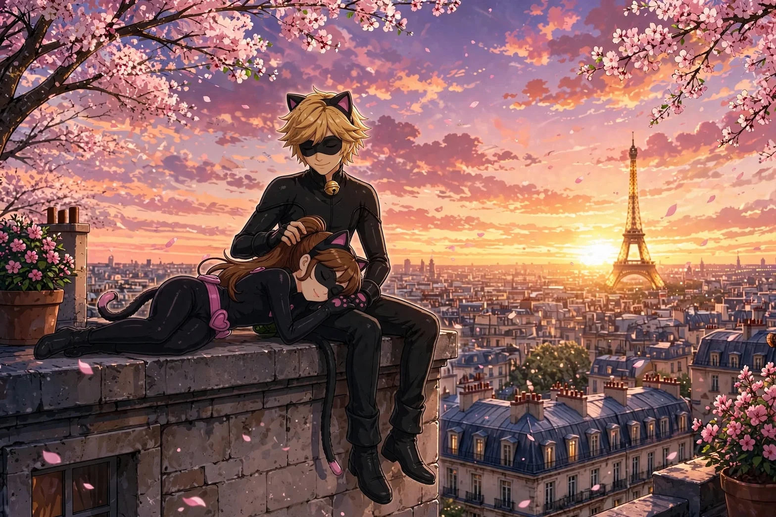 En illustrerad kvällsbild från Paris med Eiffeltornet i bakgrunden, körsbärsblommor i förgrunden och två kattliknande figurer på ett tak.