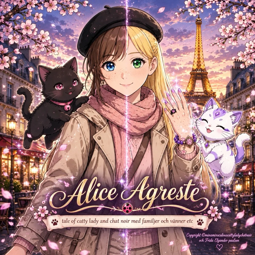 Illustrerad affisch med Alice Agreste i Paris under körsbärsblomningen, tillsammans med två katter och Eiffeltornet i bakgrunden.