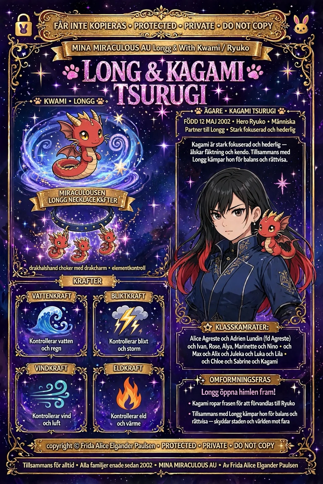 Illustrerad karaktärsaffisch för Longg och Kagami Tsurugi med hjälten Ryuko, drakhalsbandet och elementkrafter i Mina Miraculous AU.
