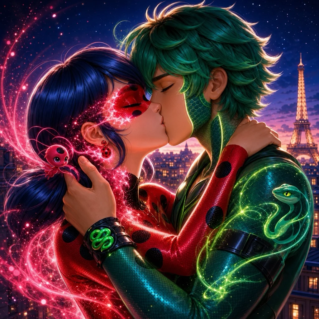 Ladybug i rött med mörkt hår och röd mask kysser Viperion i grönt med grönt hår, under en stjärnhimmel med magiska ljuseffekter över Paris.