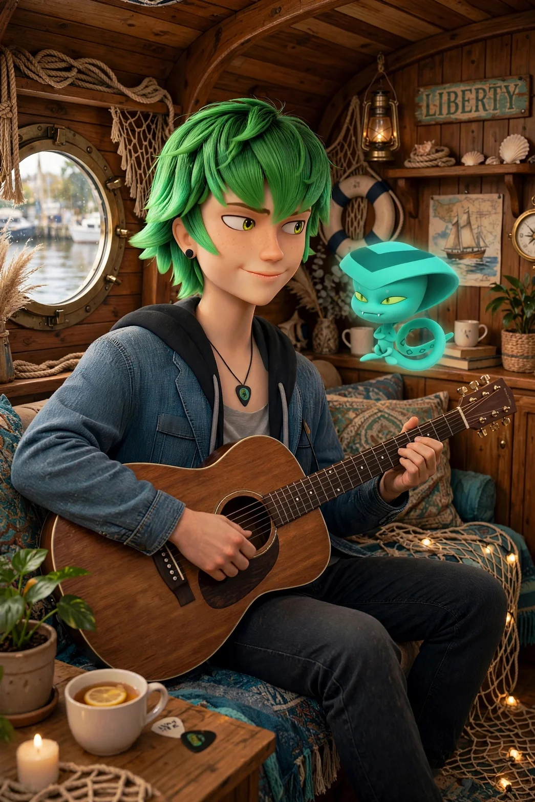 Lukas Couffaine spelar gitarr i husbåtens kajuta, omgiven av nautiska dekorationer och växter, med Sass på axeln.