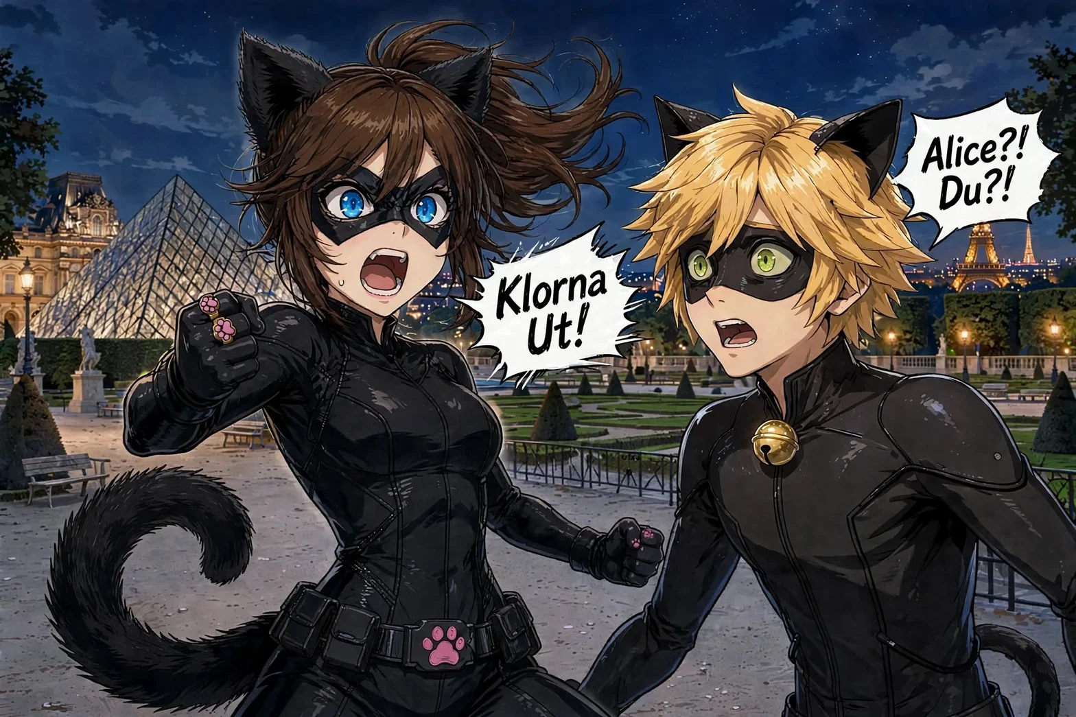 Illustrerad scen i anime- och serietidningsstil med två maskerade kattliknande superhjältar i svarta dräkter framför Louvren och Eiffeltornet i Paris på natten.