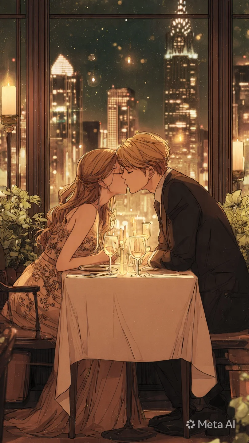 Adrien Lundin och hans fru Alice njuter av en romantisk middag med champagne vid ett stort fönster med glittrande skyskrapor i bakgrunden.