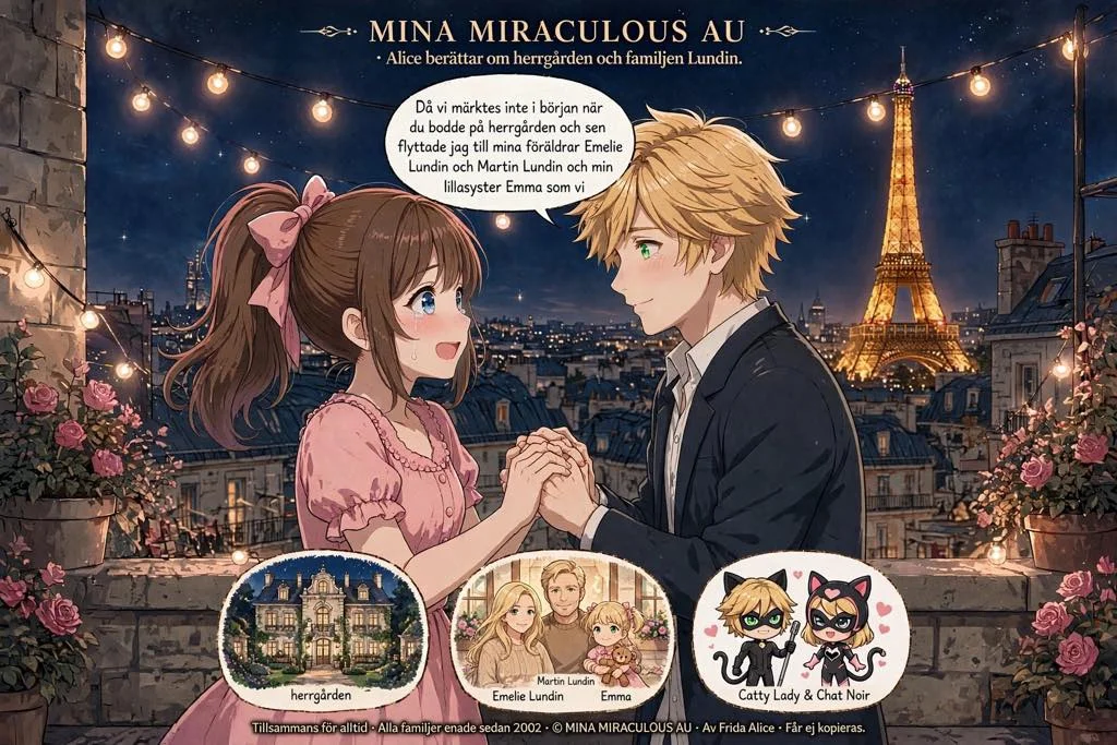En illustrerad romantisk berättelsebild med en ung kvinna och en ung man som håller varandras händer på en takterrass i Paris med Eiffeltornet i bakgrunden och text om familjen Lundin.