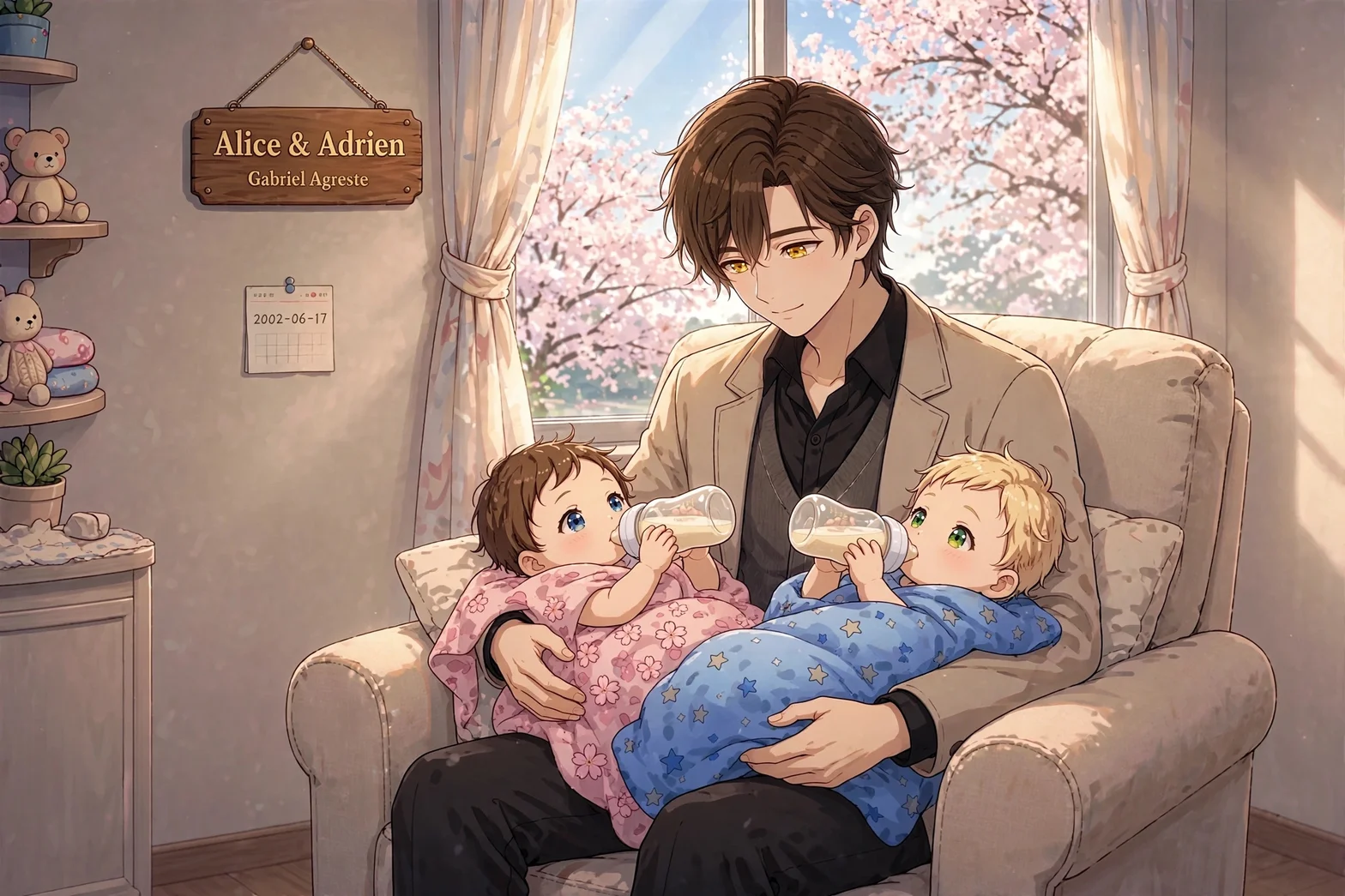 Gabriel sitter i en soffa och matar Alice och Adrien som spädbarn samtidigt med varsin nappflaska, i ett varmt rum med körsbärsblommor synliga genom fönstret.