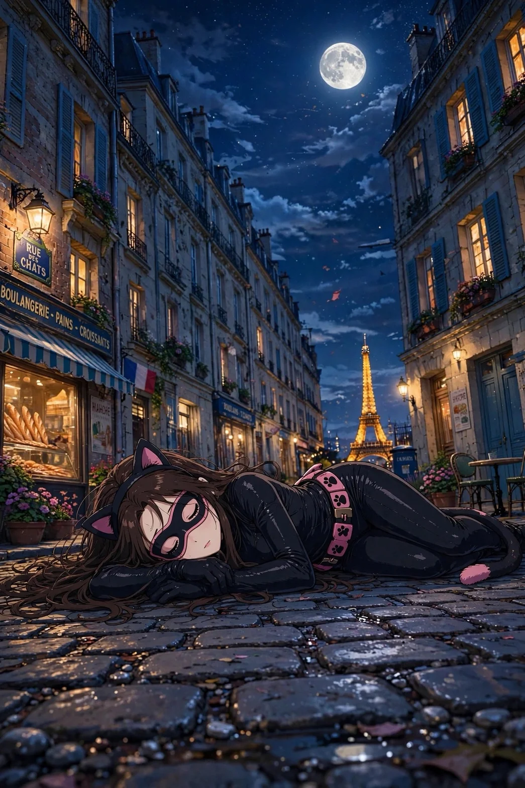 Catty Lady ligger medvetslös på en parisisk gata under månsken, med Eiffeltornet lysande i bakgrunden och klassiska byggnader på båda sidor.