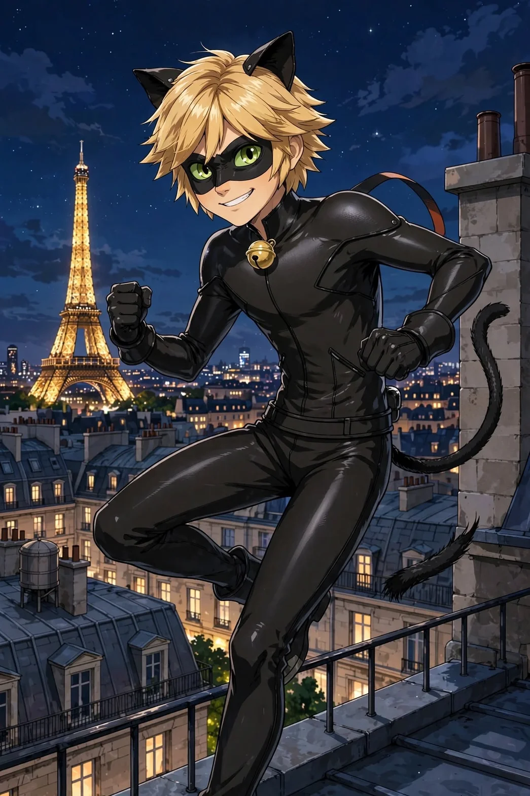 En illustrerad animefigur i svart superhjältedräkt med kattöron, mask och svans springer över ett tak i Paris på natten. Eiffeltornet och stadens upplysta hustak syns i bakgrunden under en stjärnklar himmel.
