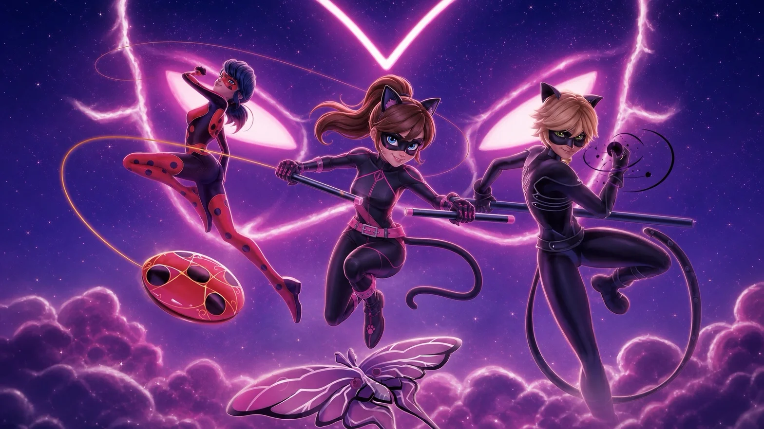 Ladybug, Catty Lady och Chat Noir i svarta dräkter med neonglödande magisk energi och mystiska varelser mot en lila stjärnhimmel.