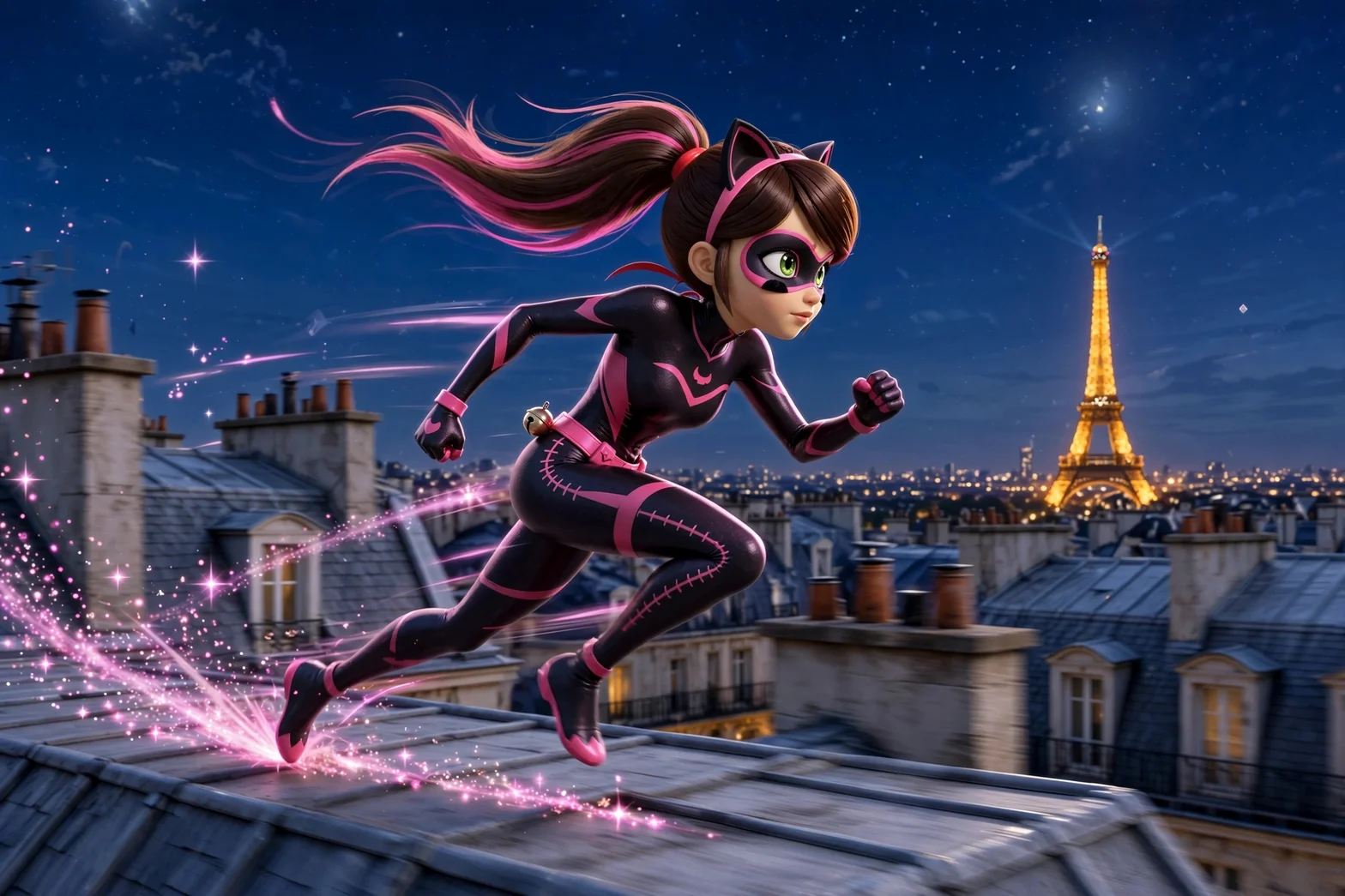 Catty Lady i svart och rosa kostym springer över Paris tak med magisk energi omkring sig och Eiffeltornet lysande i bakgrunden under en stjärnklar natt.
