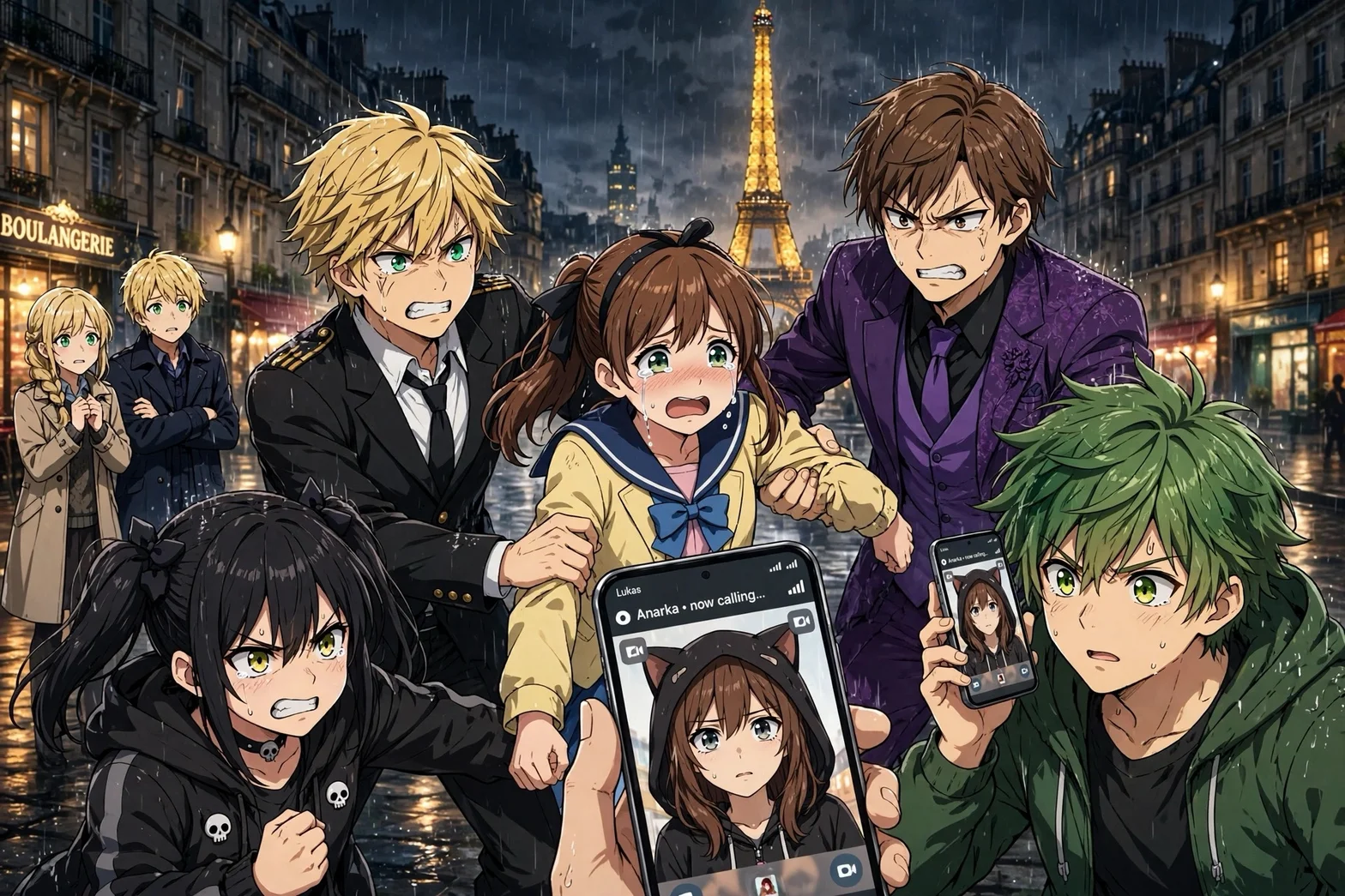 En dramatisk animeillustration som visar flera unga karaktärer samlade på en regnig gata i Paris med Eiffeltornet i bakgrunden, där de håller i mobiltelefoner.