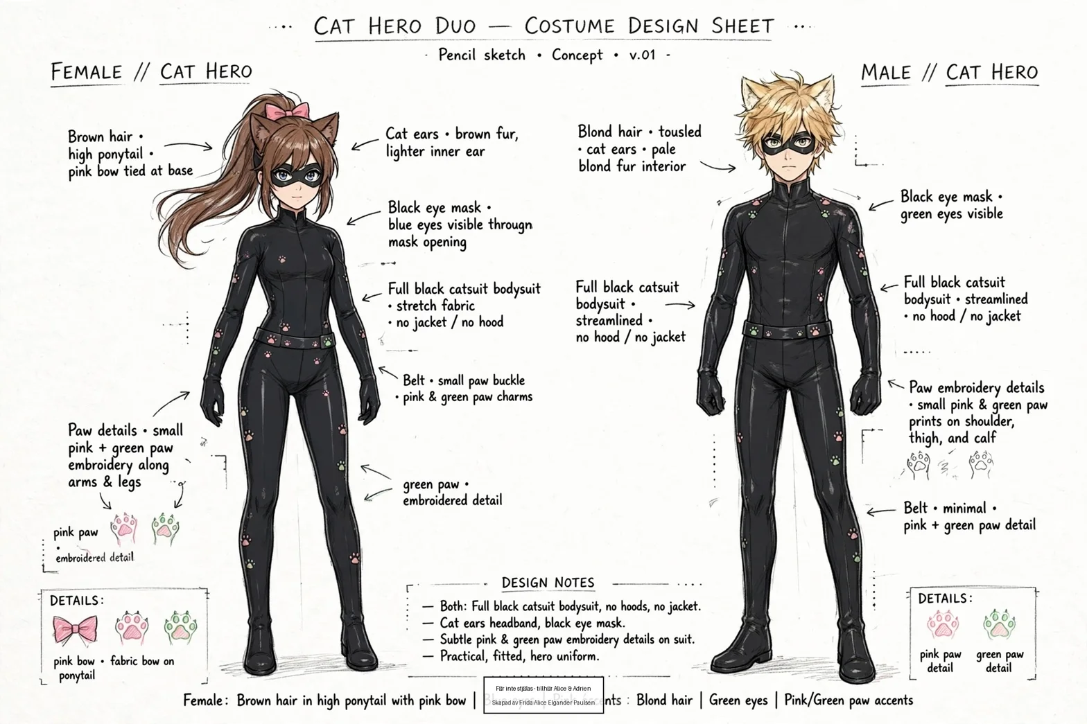 Illustrerade designskisser för Mina Miraculous med kostymdesign och detaljstudier för de två katthjältarna i svarta dräkter med kattöron, ögonmasker samt rosa och gröna tassdetaljer.