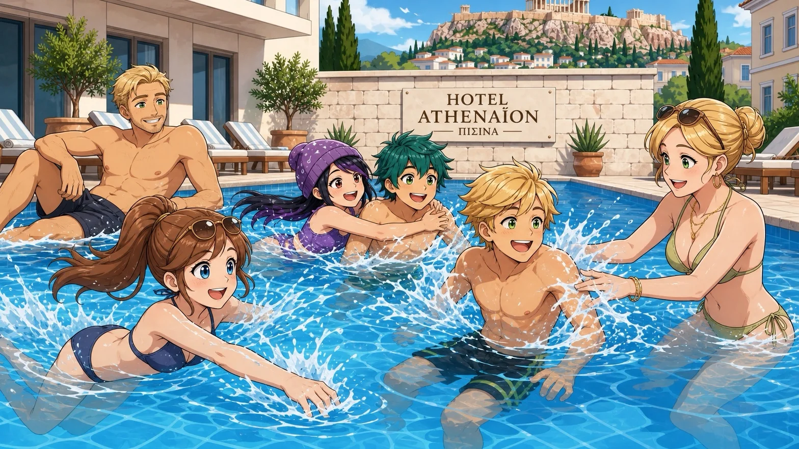 Illustrerad scen med hotellgäster som badar och leker i en solig pool vid Hotel Athenaion, med Akropolisliknande arkitektur i bakgrunden.