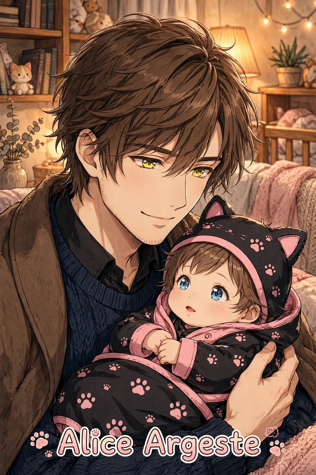 Gabriel Agreste håller den nyfödda Alice i rosa och svart pyjamas med tassar, i ett varmt rum fullt av böcker och växter på herrgården.