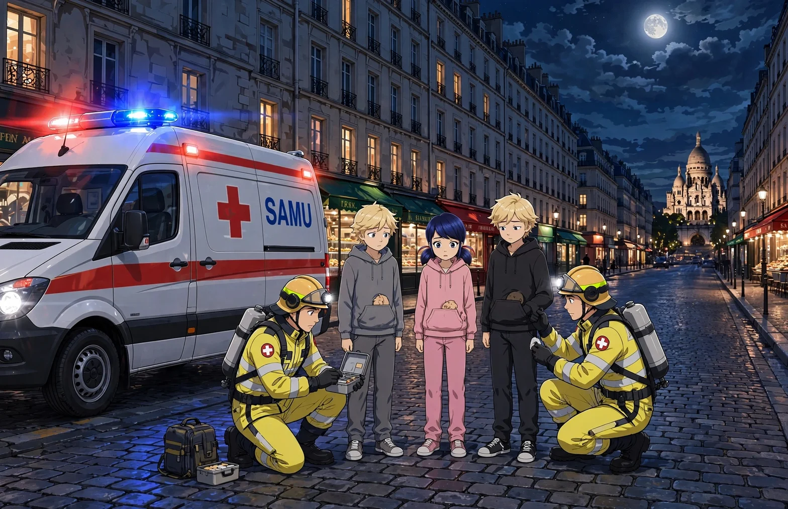 En parisisk gata på natten med räddningspersonal i gula uniformer, en ambulans och en polisbil, med Sacré-Cœur-basilikan synlig i bakgrunden.