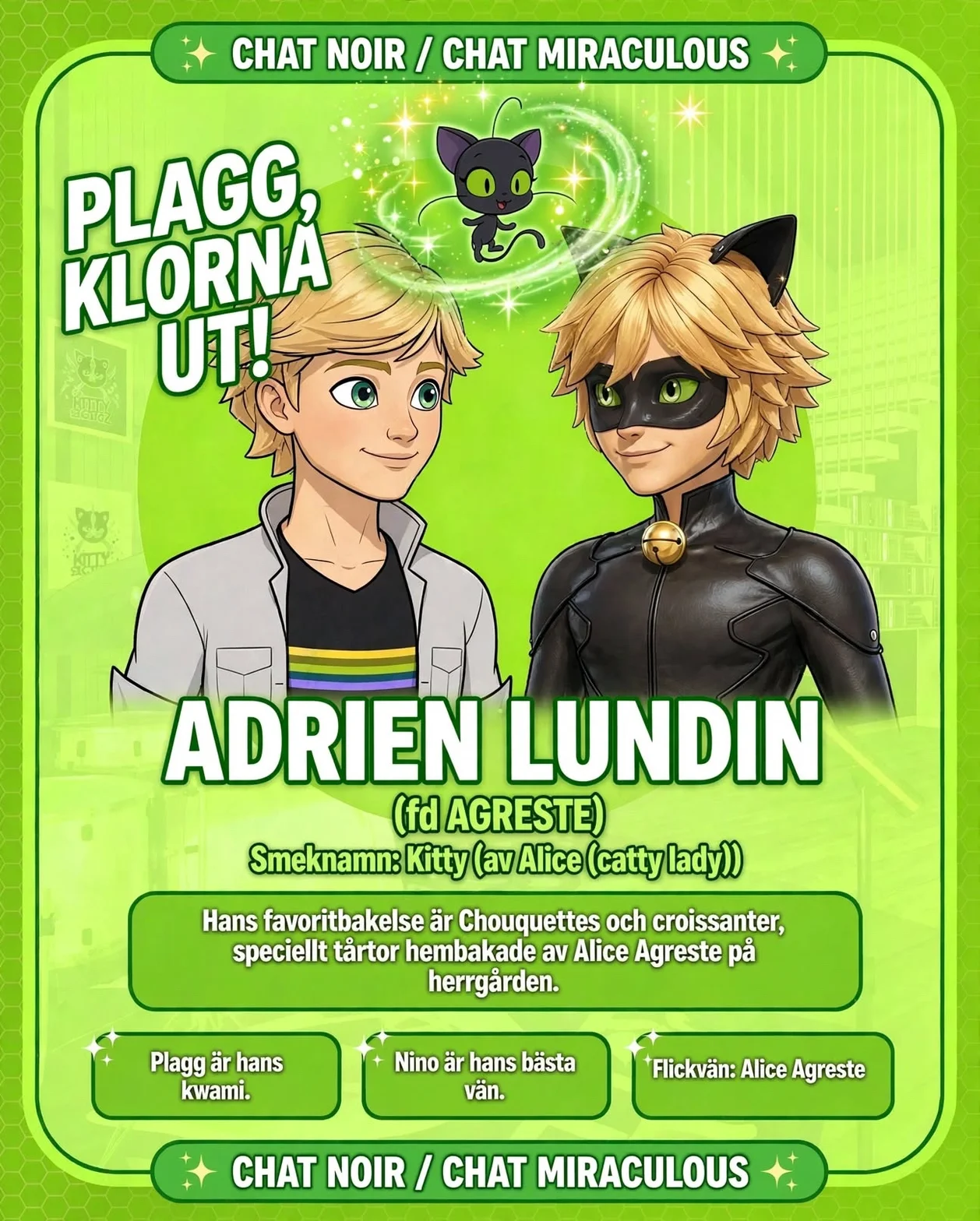 En illustrerad svensk karaktärspresentation för Adrien Lundin (fd Agreste), även kallad Kitty, från Chat Noir och Miraculous, med kwamin Plagg och gröna magiska effekter.