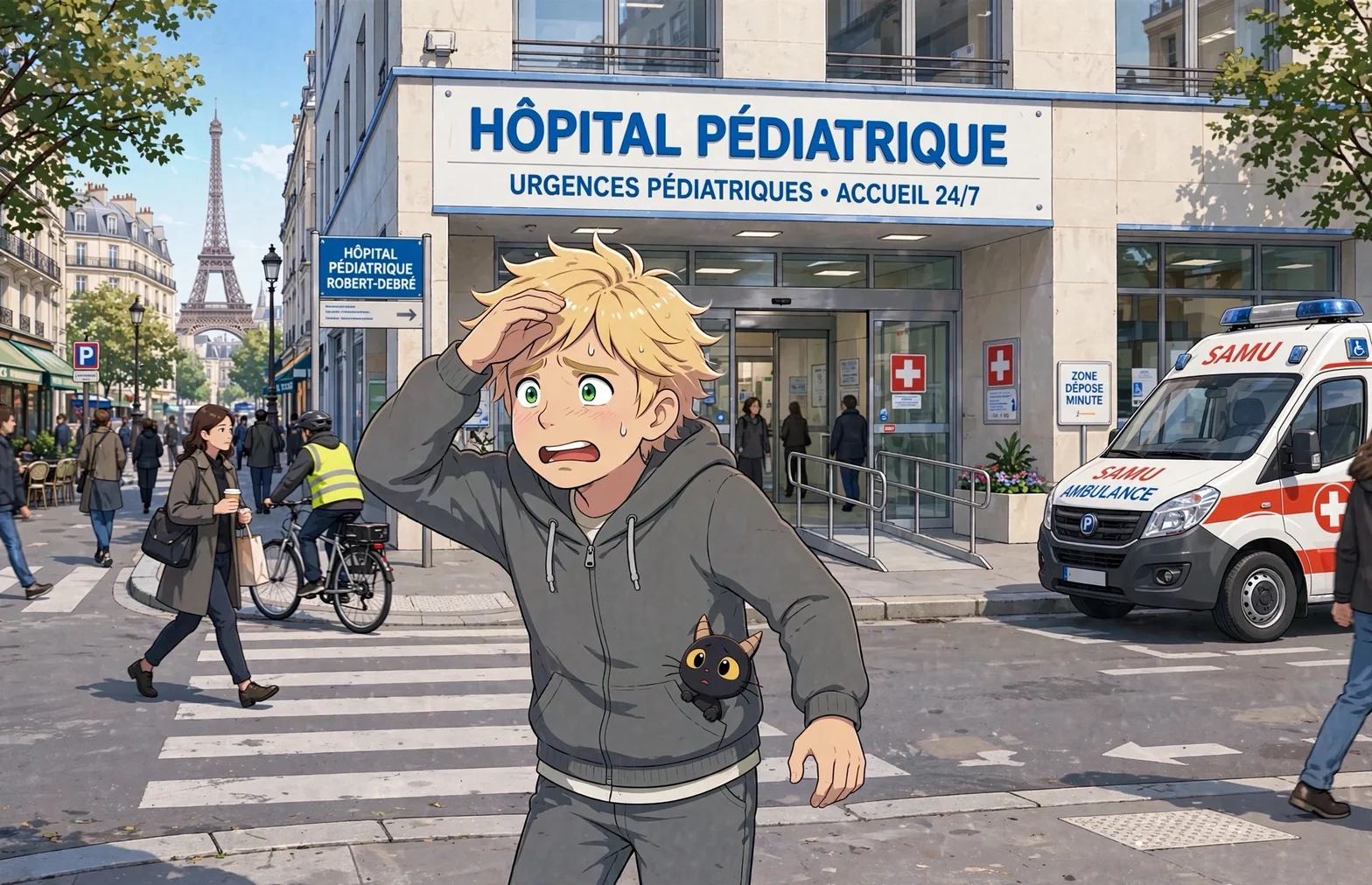 En animerad pojke med en svart katt springer framför ett barnsjukhus i Paris med en ambulans och Eiffeltornet synligt i bakgrunden.