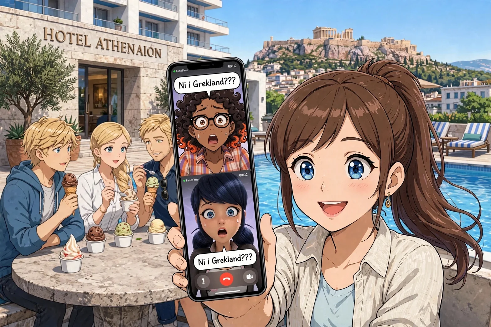En illustrerad resescen vid Hotel Athenaion i Aten, med en grupp vänner som äter glass vid poolen och en kvinna som håller upp en mobiltelefon med ett videosamtal där Alya och Marinette syns. Akropolis syns i bakgrunden.