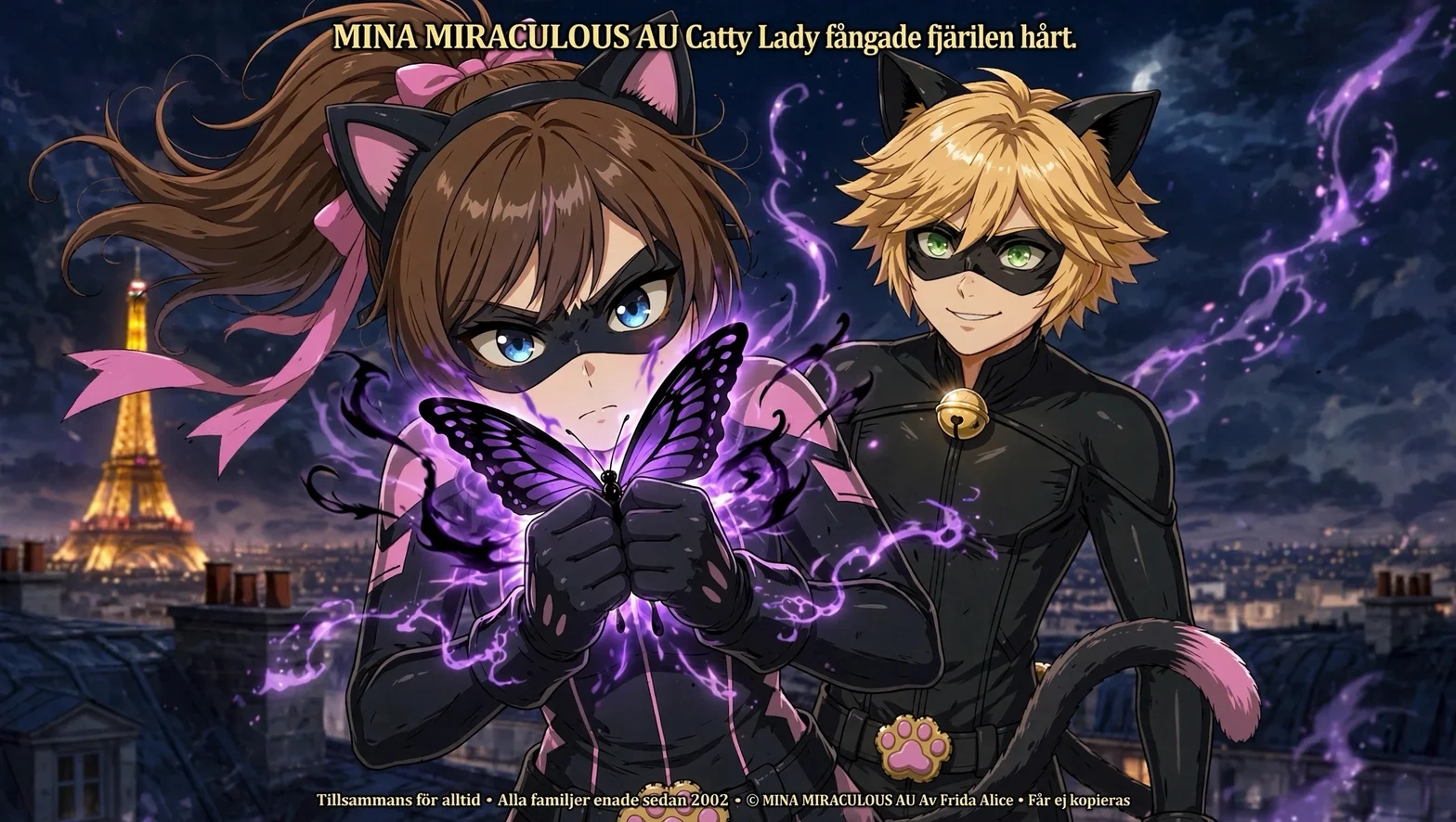 Illustrerad scen med Mina Miraculous och Catty Lady framför ett nattligt Paris med Eiffeltornet och en glödande fjäril.