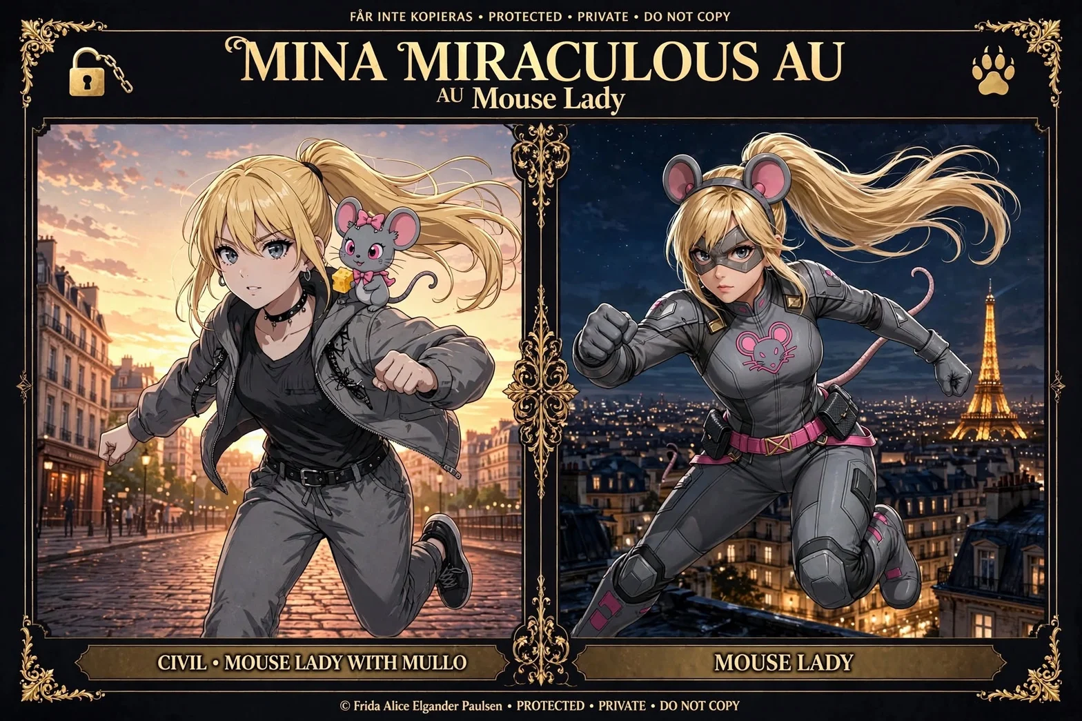Illustrerad Mina Miraculous AU-affisch med Mouse Lady: till vänster Mylène i civila kläder med kwamin Mullo på axeln i Paris vid solnedgång, till höger förvandlad till superhjälten Mouse Lady i full fart över hustaken framför Eiffeltornet.