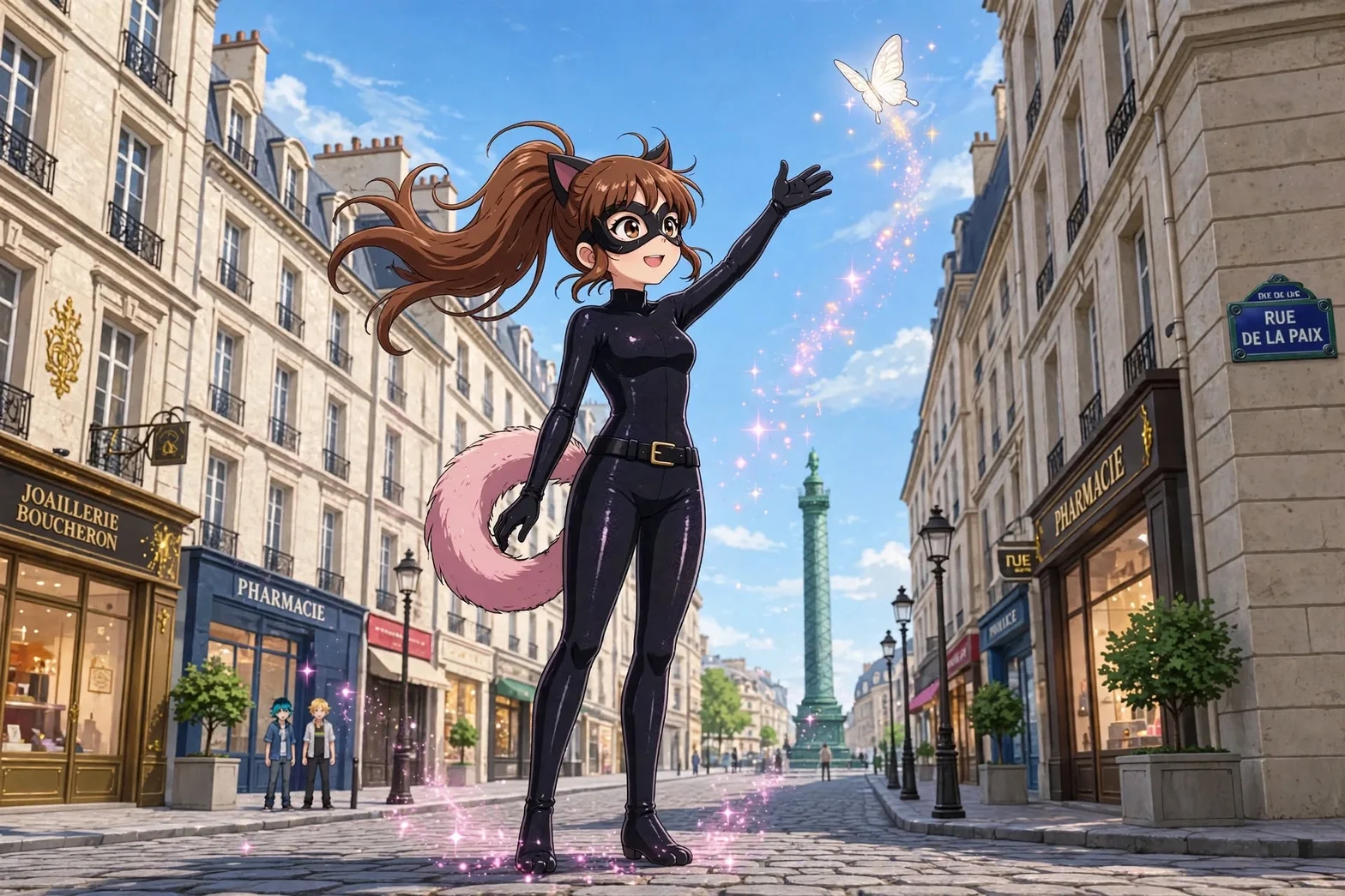En stiliserad illustration av en maskerad kattlik superhjälte i svart dräkt omgiven av rosa magi och en fjäril på en parisisk gata med Rue de la Paix och Eiffeltornet i bakgrunden.