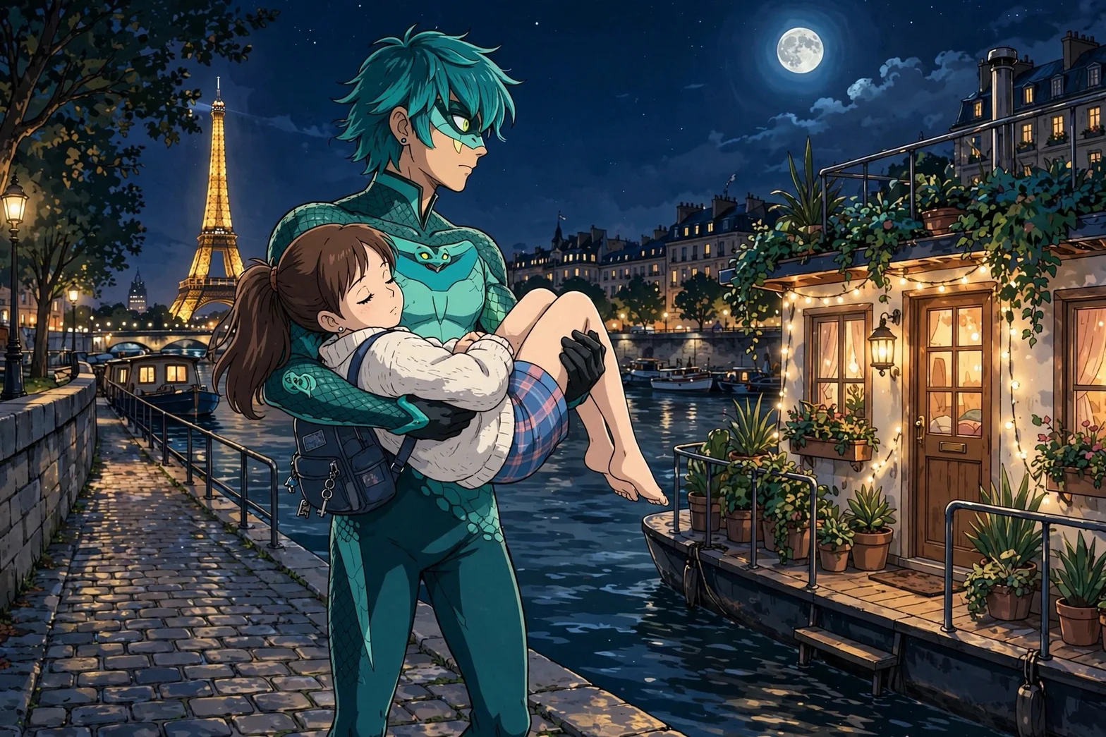 En animerad illustration av två karaktärer i Paris under natten, med Eiffeltornet lysande i bakgrunden och månen över Seine-floden.