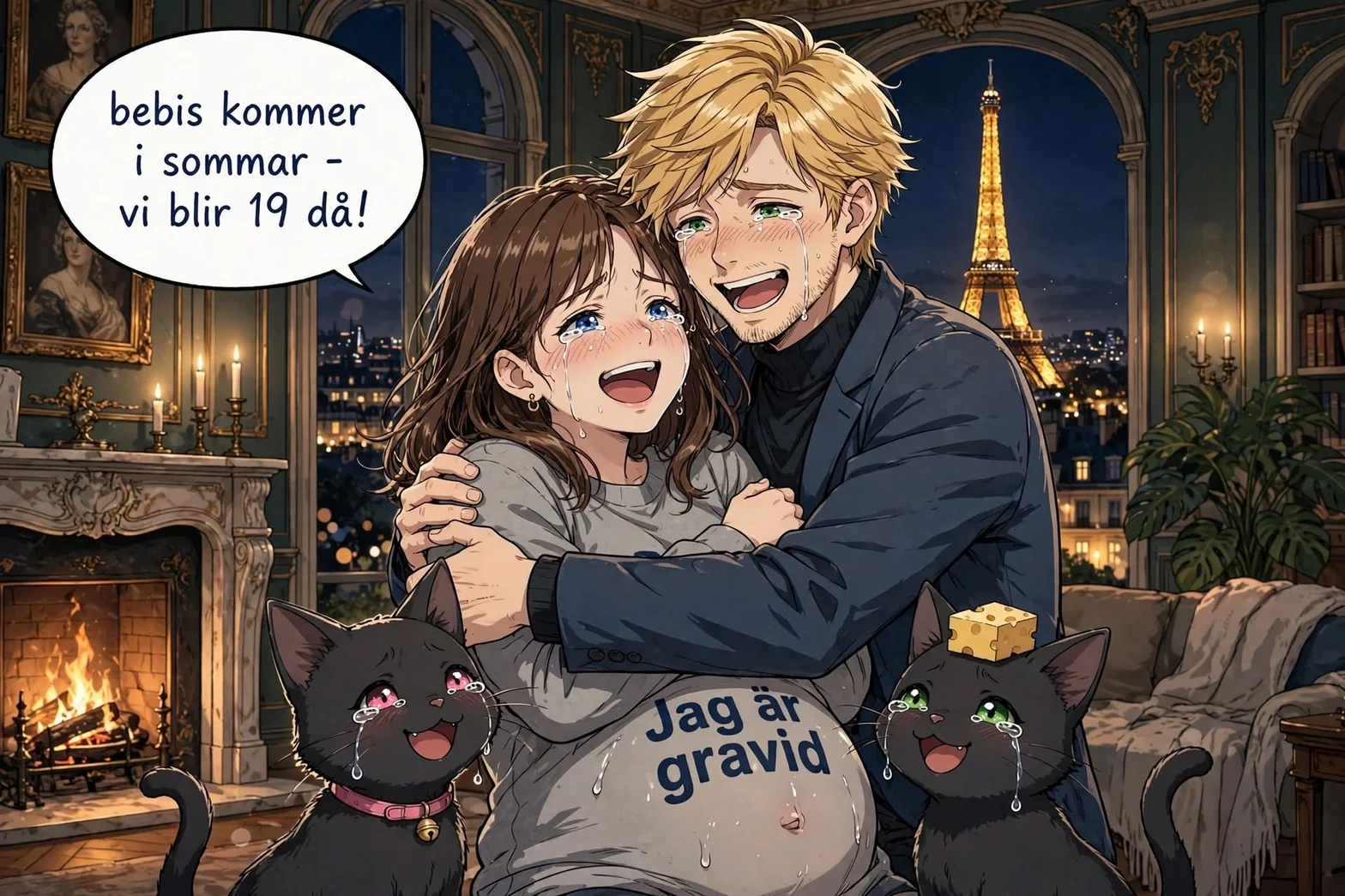 Illustrerad scen där ett lyckligt och gråtande par kramas i ett elegant parisiskt rum med utsikt över Eiffeltornet, katter i förgrunden och text om att bli föräldrar.