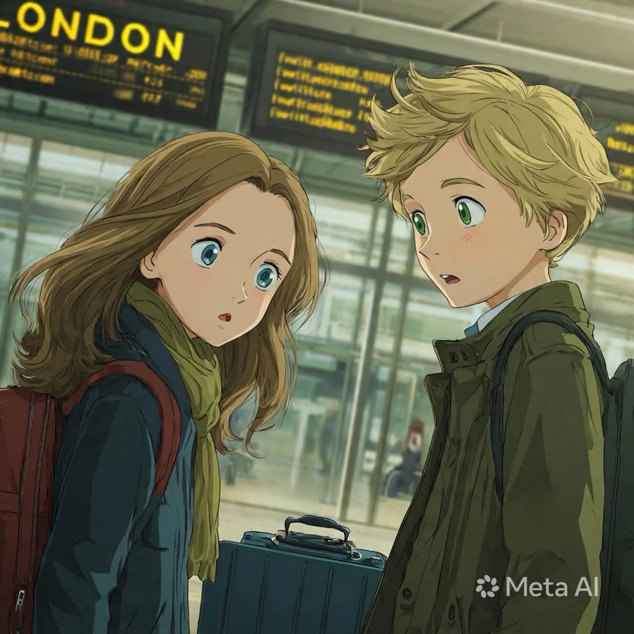 Två animerade ungdomar möts vid en flygplats, med en resväska mellan sig, en scen som föreställer Alice och Felix Fathom innan avgång mot London.