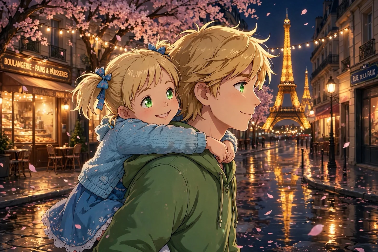 Adrien bär och tar hand om lillasyster Emma under körsbärsblomningen i Paris utanför ett mysigt bageri.