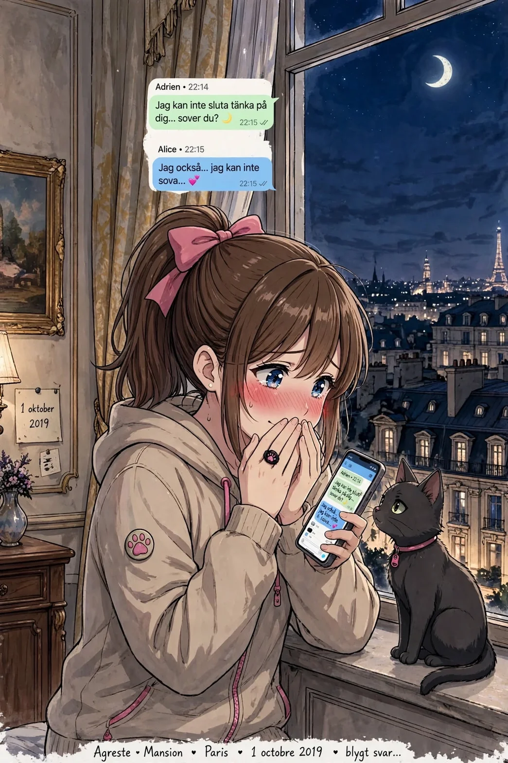 Agreste Mansion i Paris, 1 oktober 2019: Alice rodnar vid fönstret med sin mobil och svarar på Adriens sms 'Jag kan inte sluta tänka på dig... sover du?' med 'Jag också... jag kan inte sova...', med katten och Eiffeltornet i bakgrunden.