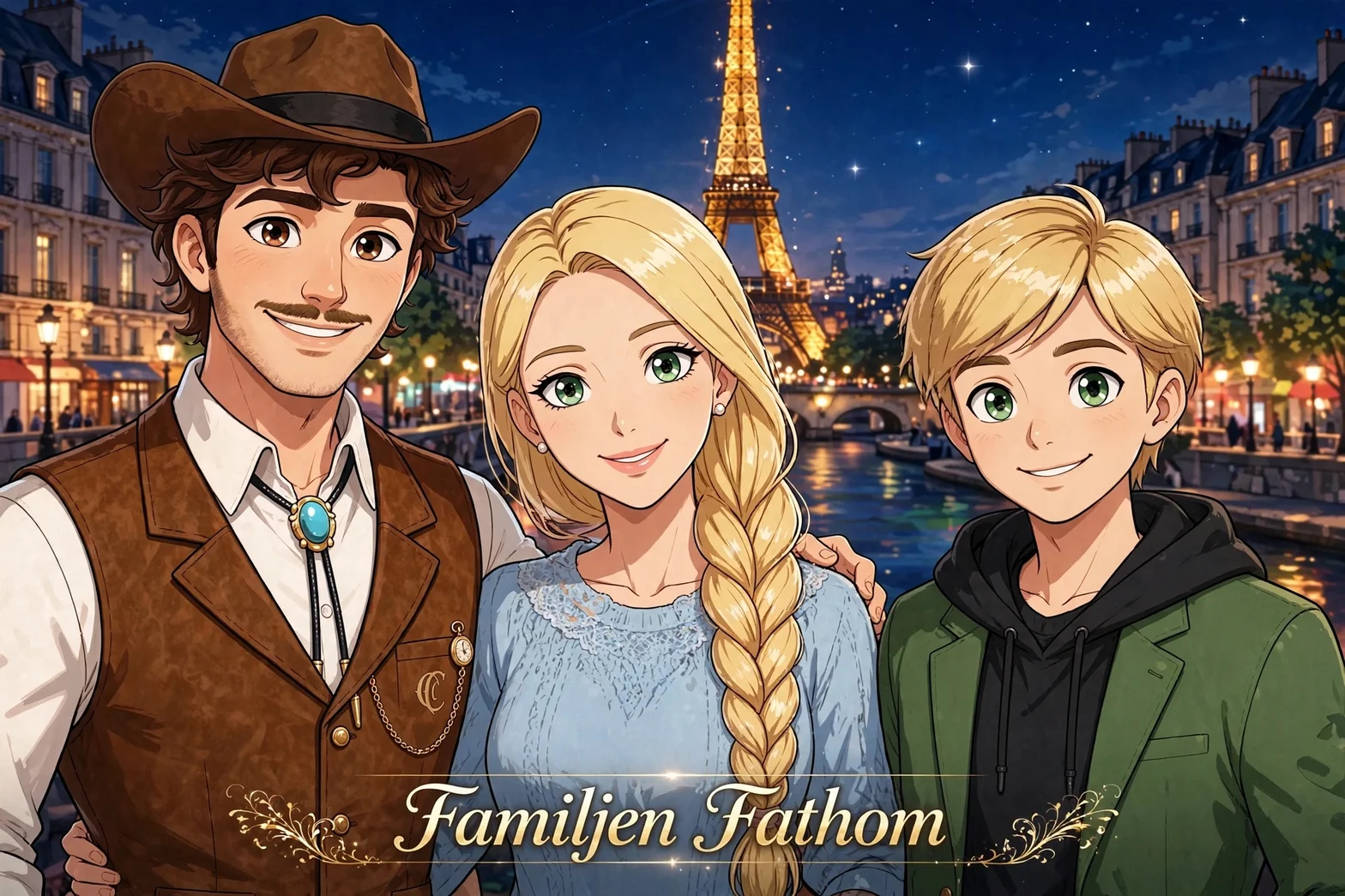 Colt Fathom i cowboyhatt och väst, hans fru Amelie med blont flätat hår, och deras son Felix, alla tre leende framför det upplysta Eiffeltornet i Paris på kvällen.