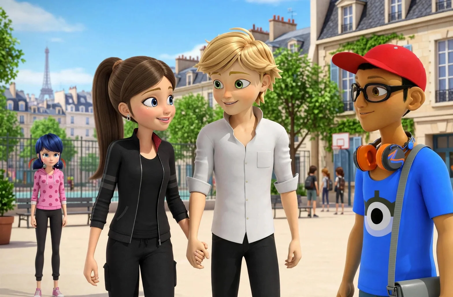 En animerad grupp ungdomar står tillsammans på ett torg i Paris, med Eiffeltornet och klassisk parisisk arkitektur i bakgrunden.