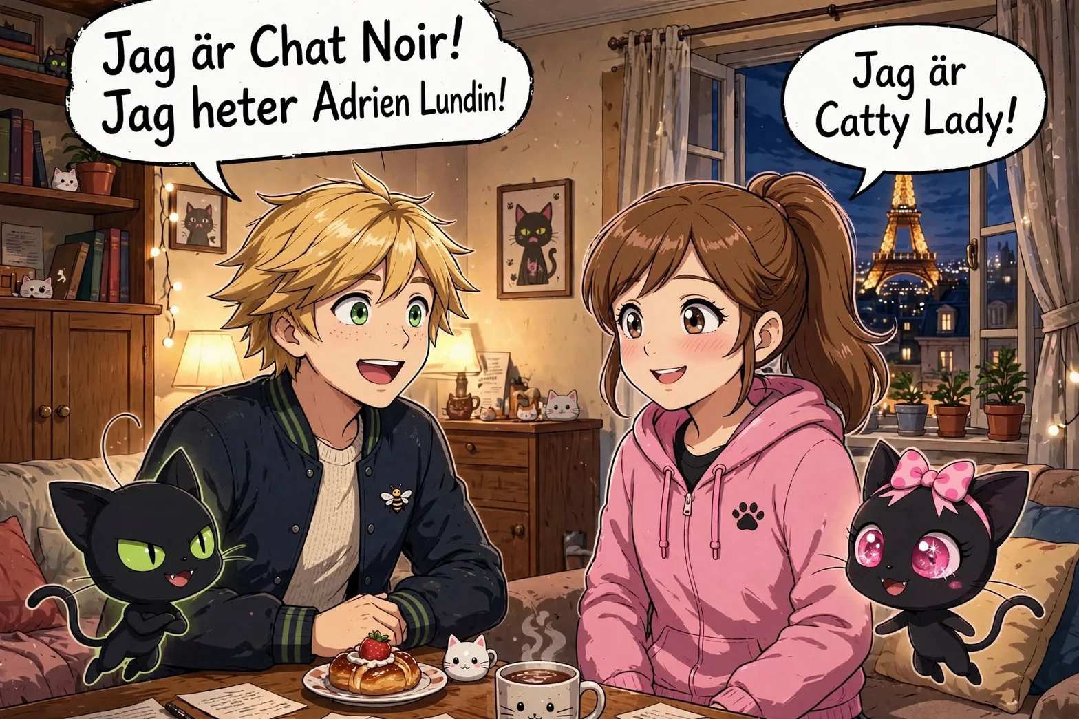 Illustrerad seriebild i anime-stil med två ungdomar och två svarta katter i ett mysigt vardagsrum där figurerna presenterar sig.