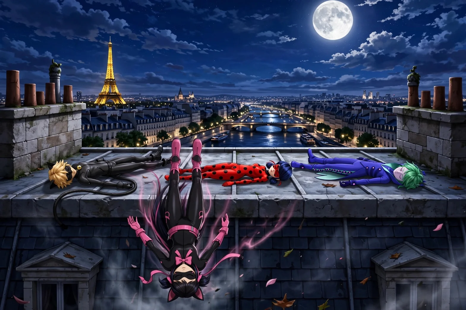 Animerade karaktärer ligger medvetslösa på ett parisiskt tak under fullmånen, med Eiffeltornet och Seine synliga i bakgrunden.