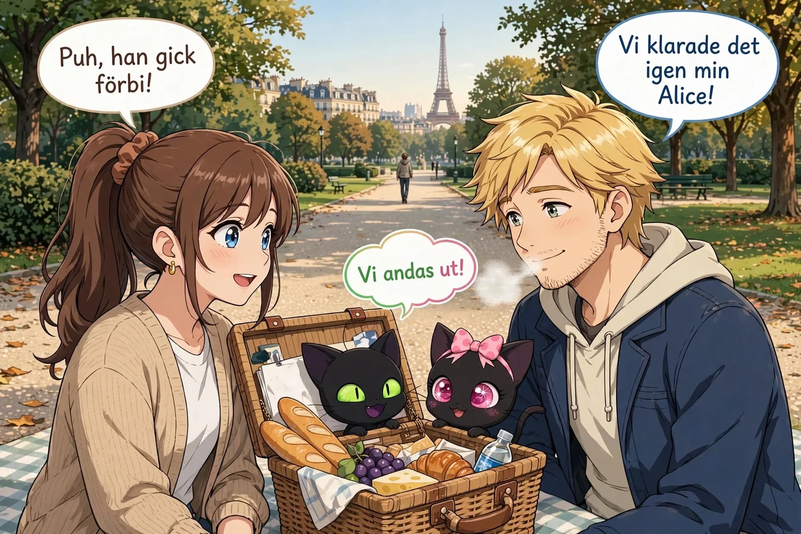 En illustrerad picknickscen i en park i Paris med Eiffeltornet i bakgrunden där en ung kvinna och en ung man sitter tillsammans med två svarta katter.