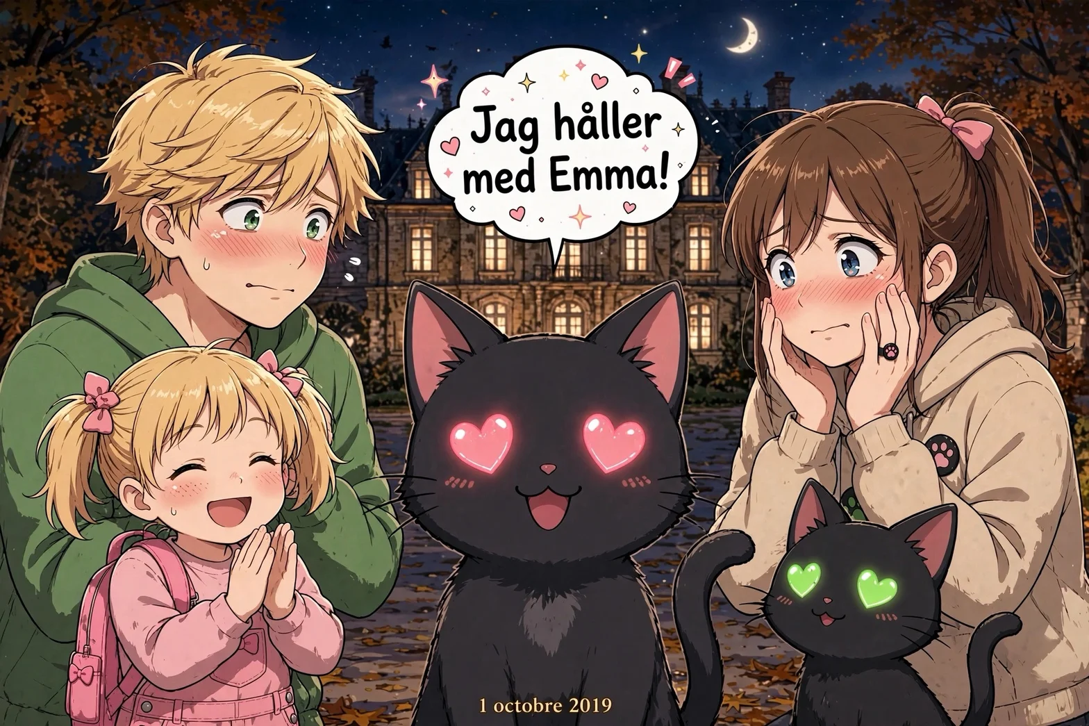 Animefamilj med katter och syskon vid slottet under höstkvällen.
