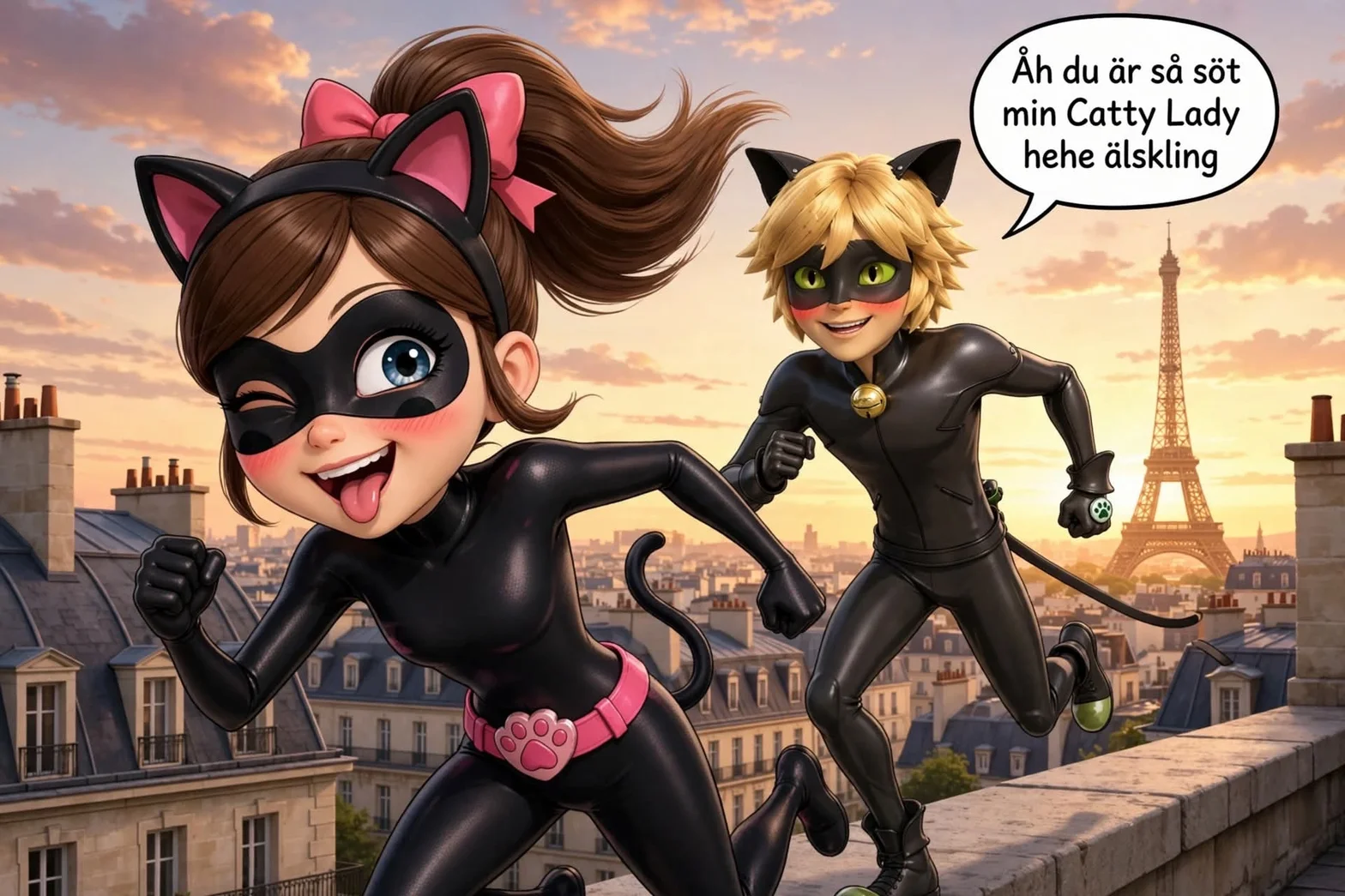 Catty Lady och Chat Noir springer lekfullt över Paris tak vid solnedgång med Eiffeltornet i bakgrunden, medan Chat Noir ler och säger: Åh du är så söt min Catty Lady hehe älskling.