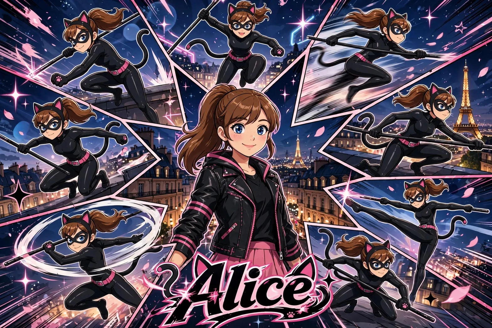 Alice som superhjälten Catty Lady, omgiven av flera actionfigurer av sig själv i olika poser över en nattlig Parisscen i neonrosa och blått.