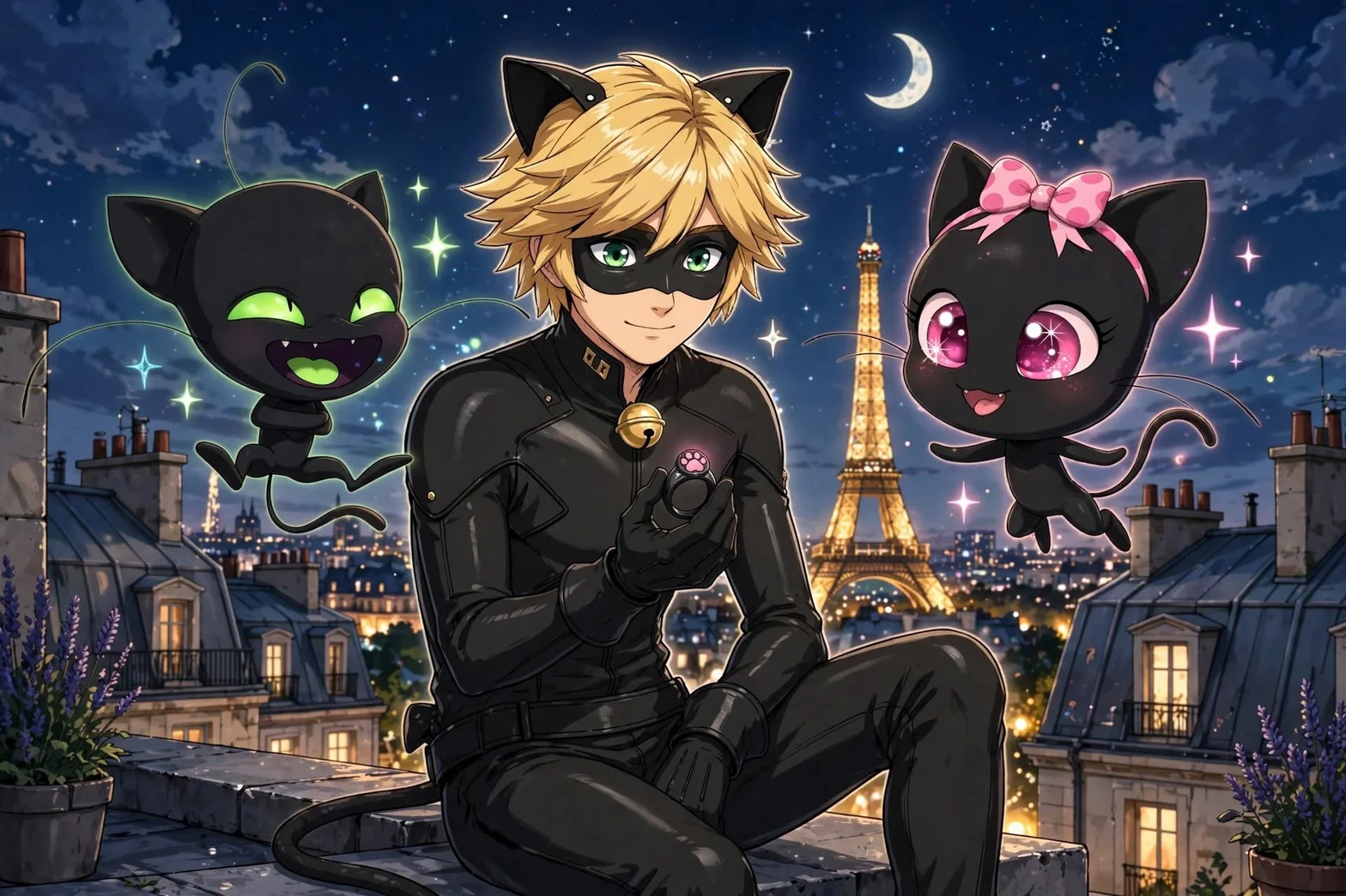 En färgstark animeillustration av en maskerad blond hjälte i svart dräkt, omgiven av två lekfulla svarta kattfigurer, på ett hustak med Eiffeltornet och stjärnklar natthimmel.