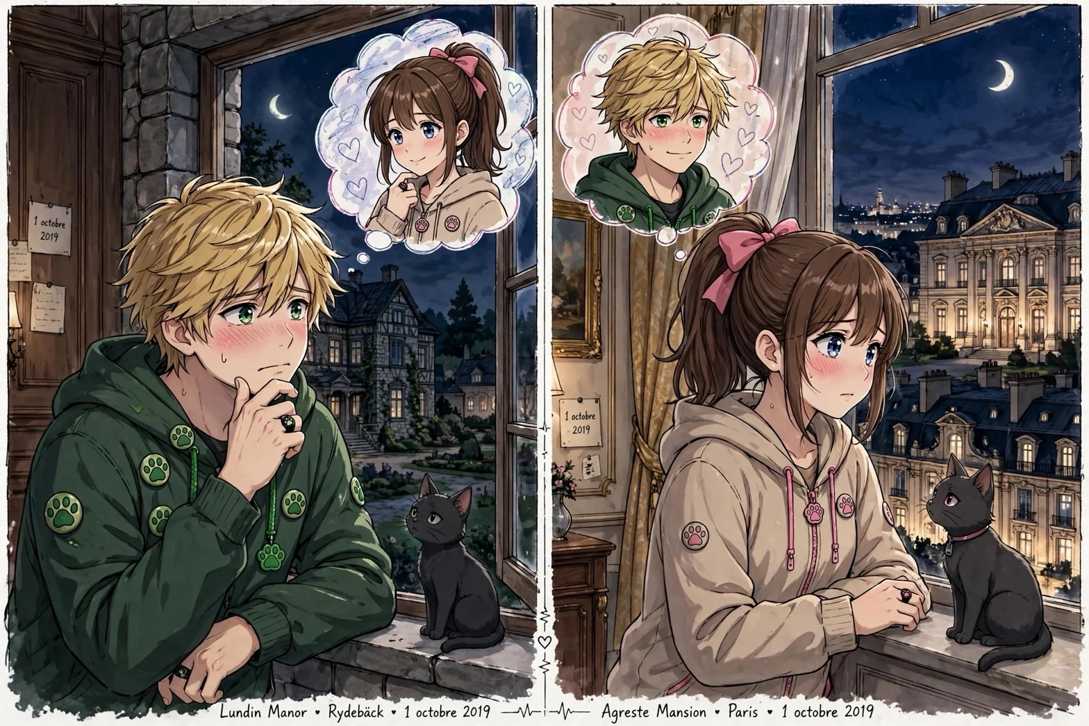 Romantisk nattillustration med Adrien och Alice under Paris stjärnhimmel.
